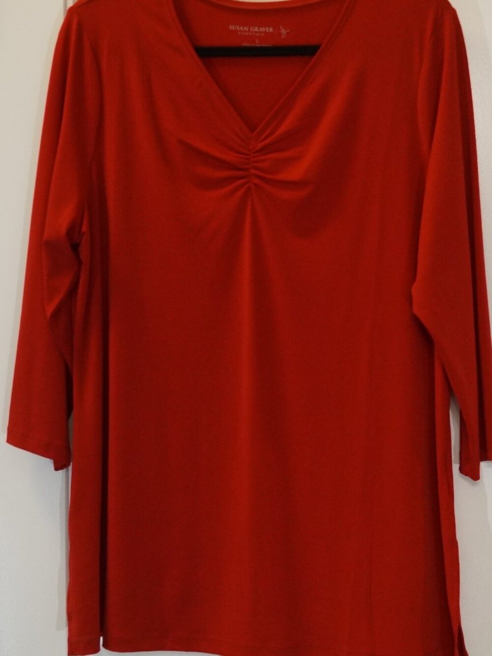 Susan Graver Liquid Knit 3/4 sleeve V-Neck Tunic w/Shirring Size Large